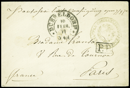 Lettre en franchise (d'un prisonnier français) avec CAD fer à cheval "Dussseldorf" (10 fev 71) + cachet noir avec aigle