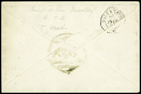 Lettre en franchise (d'un prisonnier français) avec CAD fer à cheval "Dussseldorf" (10 fev 71) + cachet noir avec aigle