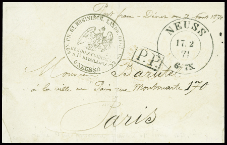Lettre en franchise  d'un prisonnier français avec CAD "Neuss" (17.2.71) + "PP" encadré noir pour Paris avec arrivée 12 fev. TB