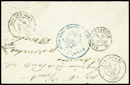 Lettre en franchise  d'un prisonnier français avec CAD "Coln. Bahnhof" (2.9.71) + CAD d'entrée bleu "3 prusse 3 Erquelines" (3 sept) + "PD" encadré bleu