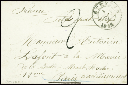Lettre en franchise de prisonnier français avec CAD "Stettin" + taxe 2 tampon façon manuscrite pour Paris avec au verso arrivée et cachet violet