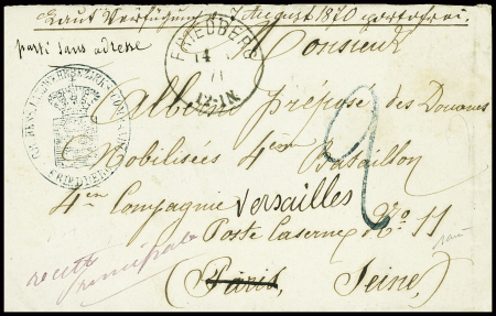 Lettre de prisonnier français avec CAD "Friedberg" (14.3.71) + cachet ovale bleu "Landwehr bezirk Friedberg" pour Paris avec arrivée 17.3. TB
