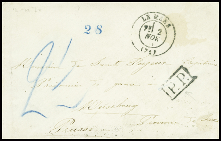 Lettre en franchise adressée à un prisonnier français en Saxe avec T17 Le Mans (2 nov 70) + "PP" encadré noir et taxe 2 1/2 au crayon bleu. TB