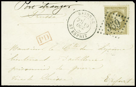 N°30 obl GC 359 + T17 "Bayonne St Esprit" (10 oct 70) sur lettre adressée à un prisonnier français à Erfurt par voie Suisse. TB