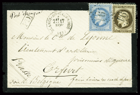 N°29 + 30 obl GC 491 + T16 "Blangy-du-Calvados (13)" (17 nov 70) sur env de deuil pour un lieutenant prisonnier à Erfurt par voie de Belgique
