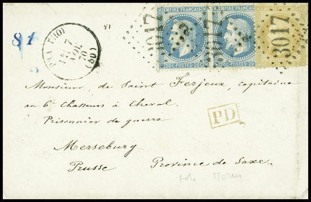 N°28 + 29 en paire obl GC 3017 + T16 "Pr Authoy (50)" (7 nov 70) sur lettre pour un capitaine du 6e chasseur à cheval prisonnier à Merseburg (Saxe)