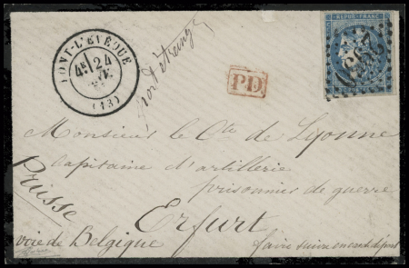 N°46 obl GC 2950 + T17 "Pont l'Evêque (13)" (24 janv 71) sur lettre pour un prisonnier à Erfurt avec petit "PD" encadré rouge par voie de Belgique. TB