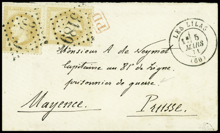 N°28 en paire obl GC 3189 + T17 "Les Lilas (60)" (5 mars 71) sur lettre pour un capitaine du 81e de ligne prisonnier à Mayence avec petit "PD" encadré rouge