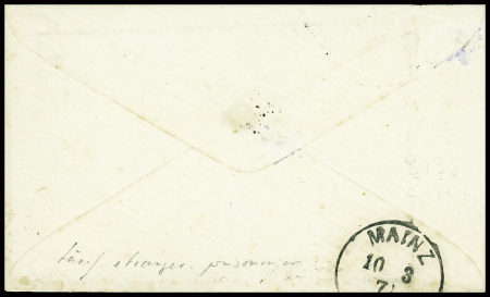 N°28 en paire obl GC 3189 + T17 "Les Lilas (60)" (5 mars 71) sur lettre pour un capitaine du 81e de ligne prisonnier à Mayence avec petit "PD" encadré rouge