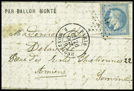 N°29 obl étoile 9 + CAD "Paris R. Montaigne" (26 oct 70) sur ballon monté pour Amiens avec au verso CAD de passage Eu (74) (2 nov) et arrivée Amiens