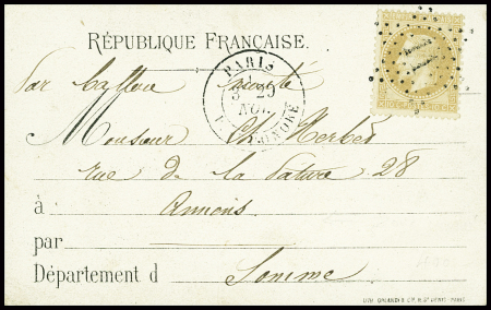 N°28 obl étoile 11 + CAD "Paris R. St Antoine" (29 nov 70) sur carte Orlandi pour Amiens sans arrivée (Le Jules Favre n°2). TB