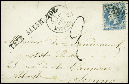 N°29 obl GC 1488 + CAD "Paris Montmartre" (13 mars 71) sur lettre pour Abbeville (arrivée 14 mars) avec griffe "taxe allemande" (50mm - d'Abbeville)