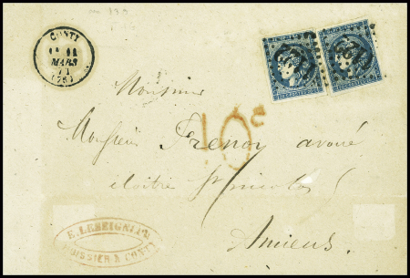 N°46, 2 pièces, obl GC 1122 + T16 "Conty (76)" (11 mars 71) sur lettre pour Amiens avec taxe allemande 10c rouge de fabrication locale. Certificat Bernard Behr