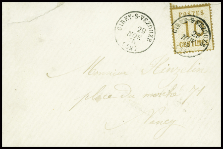 Alsace n°5 obl T16 "Cirey-s-Vezouze (52)" (29 nov 70) répété à côté sur lettre (localité temporairement annexée) pour Nancy. TB
