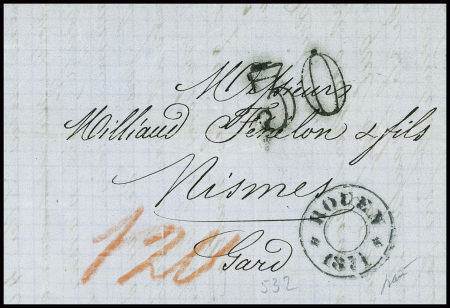 Lettre non affranchie avec CAD provisoire "Rouen 1871" et taxe 30 double-trait, arrivée 17 fev, signé Baudot. TB