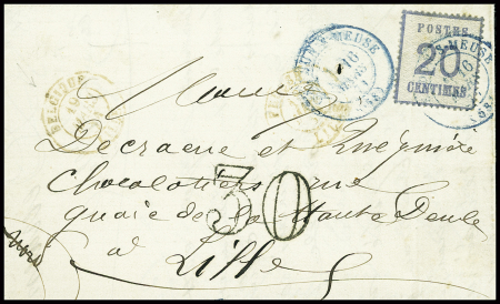 Alsace n°6 obl CAD T17 bleu "Verdun-s-Meuse (53)" (16 mars 71) (ZO) sur lettre pour Lille (ZNO) par voie de Belgique avec CAD d'entrée rouge