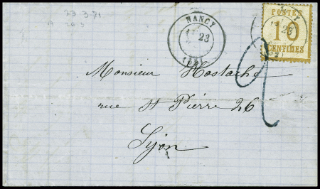 Alsace n°6 obl T17 Nancy (23.3.71) répété à côté avec taxe 2 tampon façon manuscrite (dernier jour des taxes françaises). TB