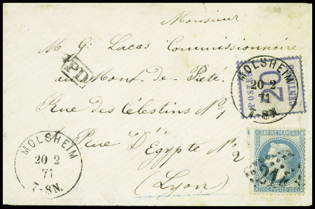 N°29 obl GC 2145 + Alsace n°6 obl CAD "Molsheim" (20.2.71) sur lettre pour Lyon (première période du double affranchissement). TB