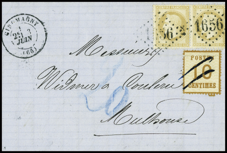 N°28 en paire obl GC 1656 + T17 Giromagny (3.6.71) + Alsace n°5 obl plume sur lettre pour Mulhouse avec taxe 20 au crayon bleu