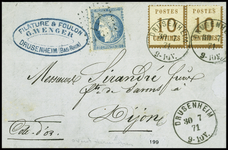 N°37 obl losange de points ambulant (PS1) + Alsace n°5 en paire obl CAD "Drusenheim" (30.7.71) sur lettre pour Dijon. TB