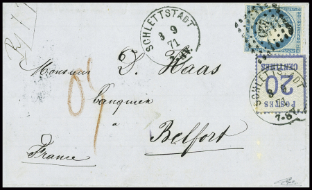 N°37 obl PC du GC 420 (Belfort)  + Alsace n°6 obl CAD "Schlettstadt" (3.9.71) sur lettre de Sélestat avec affranchissement français insuffisant de 20c