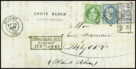 N°20 + 37 obl PC du GC 420 + T17 Belfort (14 sept 71) + Alsace n°6 obl CAD rect "Strassburg i Els Bahnof" (13.9.71) sur lettre, AFF rare et TB