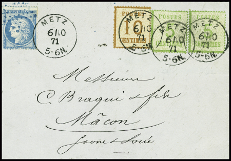 N°60 obl étoile muette bleue + Alsace n°4, 2 pièces, obl CAD allemand de Metz (6.10.71) sur lettre de Metz pour Mâcon. TB