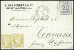N°36, 10c bistre, 2 pièces obl étoile muette bleue + Alsace n°6 obl CAD "Zabern im Elsass" (6.10.71) sur lettre pour Tonneins (Lot et Garonne), AFF rare