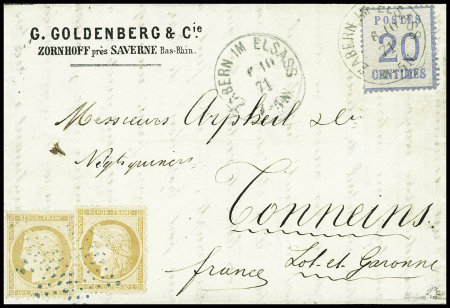 N°36, 10c bistre, 2 pièces obl étoile muette bleue + Alsace n°6 obl CAD "Zabern im Elsass" (6.10.71) sur lettre pour Tonneins (Lot et Garonne), AFF rare