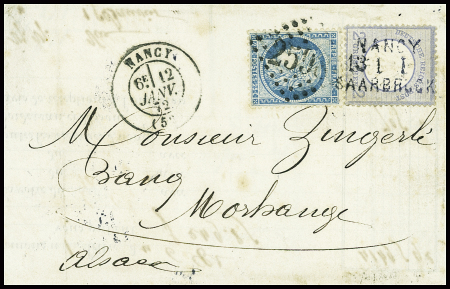 N°60 obl GC 2598 + T17 Nancy (12 janv 72) sur lettre avec Allemagne n°17 obl ambulant linéaire allemand "Nancy Saarbruck" (13.1.72) pour Morhange. TB
