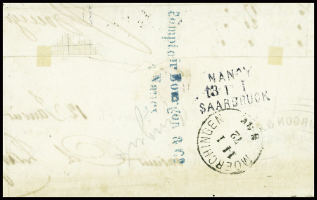 N°60 obl GC 2598 + T17 Nancy (12 janv 72) sur lettre avec Allemagne n°17 obl ambulant linéaire allemand "Nancy Saarbruck" (13.1.72) pour Morhange. TB