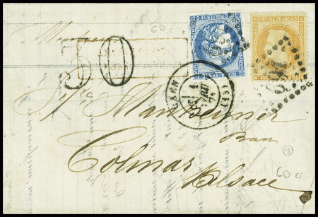 N°31 + 46 obl GC 691 + T17 Caen (1 avril 71) sur lettre pour Colmar avec taxe 30 double-trait en noir. TB