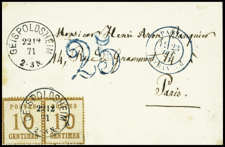 Alsace n°5 en paire obl CAD "Geispoldsheim" (22.12.71) sur lettre pour Paris avec taxe 25 double-trait en bleu. TB