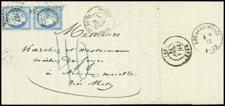 N°37 en paire obl étoile 1 + CAD "Paris pl. de la Bourse" (2 aout 71) sur lettre de Paris pour Metz en double port avec taxe 40 au crayon bleu. TB