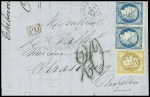 N°28 + 37 en paire obl GC 3934 + T17 "Thiberville (26)" (11 aout 71) sur lettre AFF à 50c au lieu de 20c, avec taxe tampon 20 façon manuscrite. TB