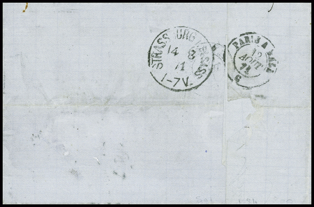 N°28 + 37 en paire obl GC 3934 + T17 "Thiberville (26)" (11 aout 71) sur lettre AFF à 50c au lieu de 20c, avec taxe tampon 20 façon manuscrite. TB