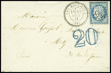 N°37 obl GC 538 + T24 "Les Bouchoux (38)" (1871) sur lettre pour Metz avec taxe 20 double trait en bleu. Jolie pièce