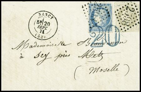 N°27 + 37 obl GC 2598 + T17 Nancy (20 sept 71) sur lettre pour Metz avec taxe 20 double trait en bleu (la lettre est sous affranchie côté français)