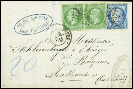 N°20 en paire + 37 obl GC 2660 + T17 Niort (23.11.71) sur lettre pour Mulhouse avec taxe 20 au crayon bleu. Bel AFF. TB