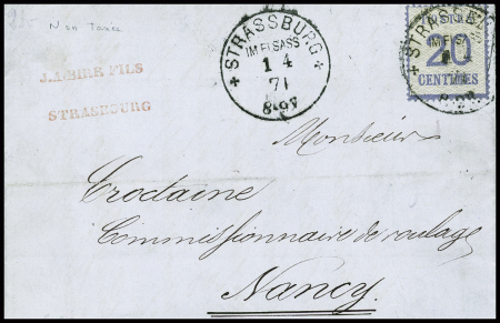 Alsace n°6 obl CAD Strassburg im Elsass" (1.4.71) sur lettre pour Nancy non taxée. TB