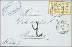 Alsace n°5 en paire obl CAD "Lutterbach" (29.4.71) sur lettre pour Roanne avec taxe 2 tampon façon manuscrite en noir. TB
