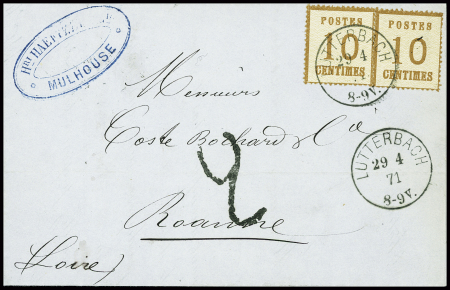 Alsace n°5 en paire obl CAD "Lutterbach" (29.4.71) sur lettre pour Roanne avec taxe 2 tampon façon manuscrite en noir. TB