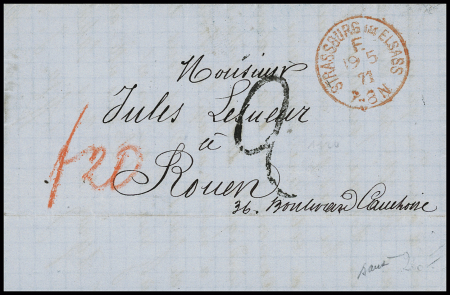 Lettre avec CAD rouge (Francostempel) avec CAD rouge "Strassburg im Elsass F (19.5.71) + taxe 2 tampon façon manuscrite, pour Rouen, signé Baudot