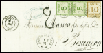 Alsace n°4 en paire + 5 obl CAD "Zabern im Elsass" (1.6.71) sur lettre pour Besançon avec taxe 2 tampon façon manuscrite. TB
