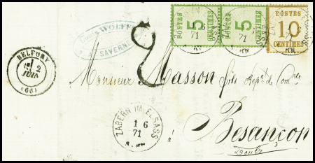 Alsace n°4 en paire + 5 obl CAD "Zabern im Elsass" (1.6.71) sur lettre pour Besançon avec taxe 2 tampon façon manuscrite. TB