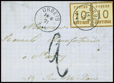 Alsace n°5 en paire obl CAD "Urbeis" (18.6.71) sur lettre pour Nancy avec grande taxe tampon 2 façon manuscrite. TB