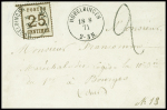 Alsace n°7 obl CAD "Hobeldingen" (18.8.71) sur lettre affranchie à 25c au lieu de 20c pour Bourges avec taxe 2 tampon façon manuscrite. TB