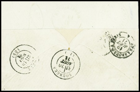 Alsace n°7 obl CAD "Hobeldingen" (18.8.71) sur lettre affranchie à 25c au lieu de 20c pour Bourges avec taxe 2 tampon façon manuscrite. TB