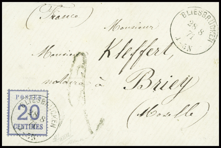 Alsace n°6 obl CAD "Bliesbrucken" (28.8.71) sur lettre pour Briey avec taxe 2 tampon façon manuscrite. TB