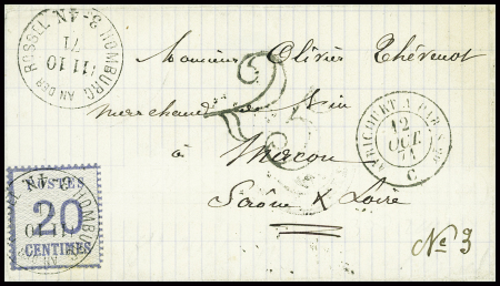 Alsace n°6 obl CAD "Hombourg an der Mosel" (11.10.71) sur lettre pour Maçon avec taxe 25 double trait et ambulant de nuit "Avricourt à Paris 2°". TB